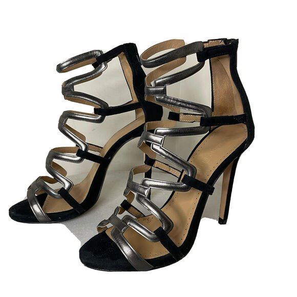 Marc Ellis Strappy Stiletto Heels Black Suede Silver Leather Sz EU 37 IT, US 7 - Picture 2 of 14